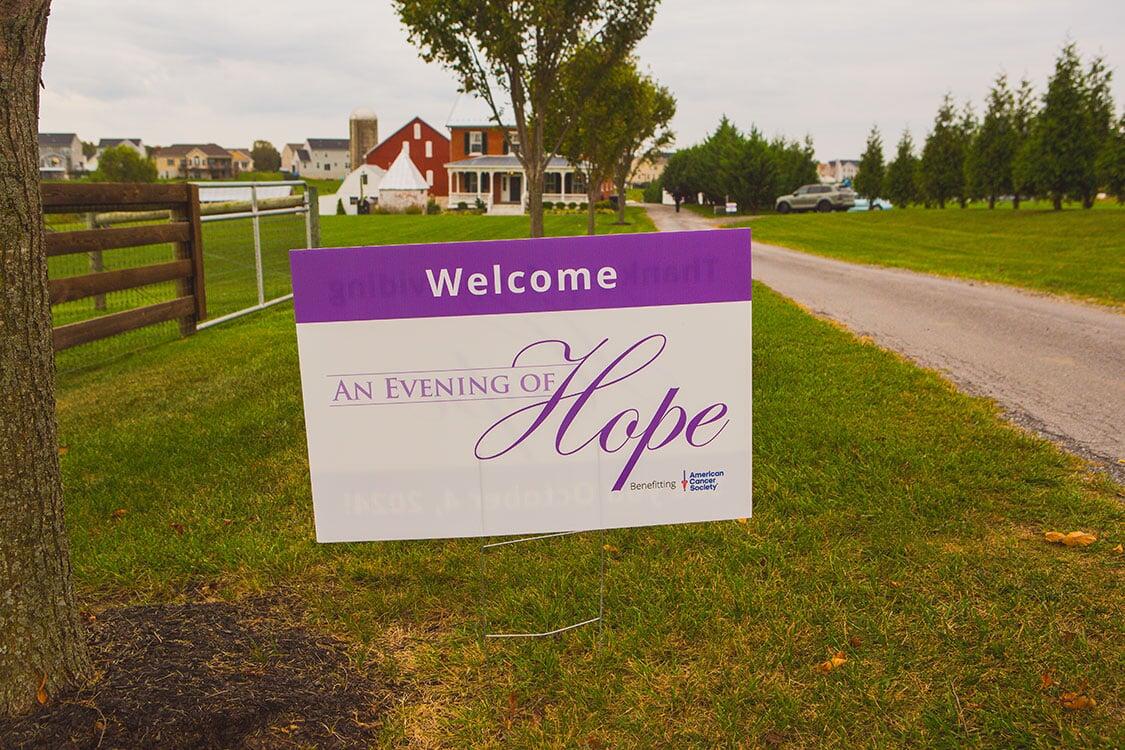 Photo of the Welcome sign at the 2023 An Evening of Hope event